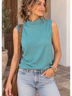 Vintage Blair Teal Mock Neck Sleeveless Top Embroidered Logo Large